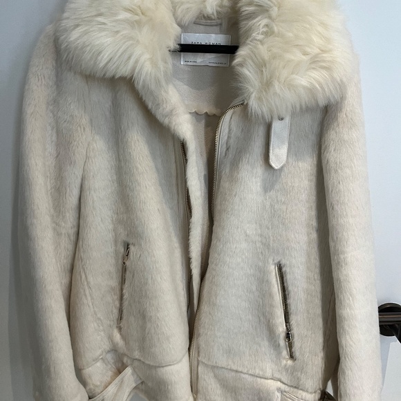 Zara Off White Faux Fur Aviator Biker Jacket XS - Picture 2 of 4